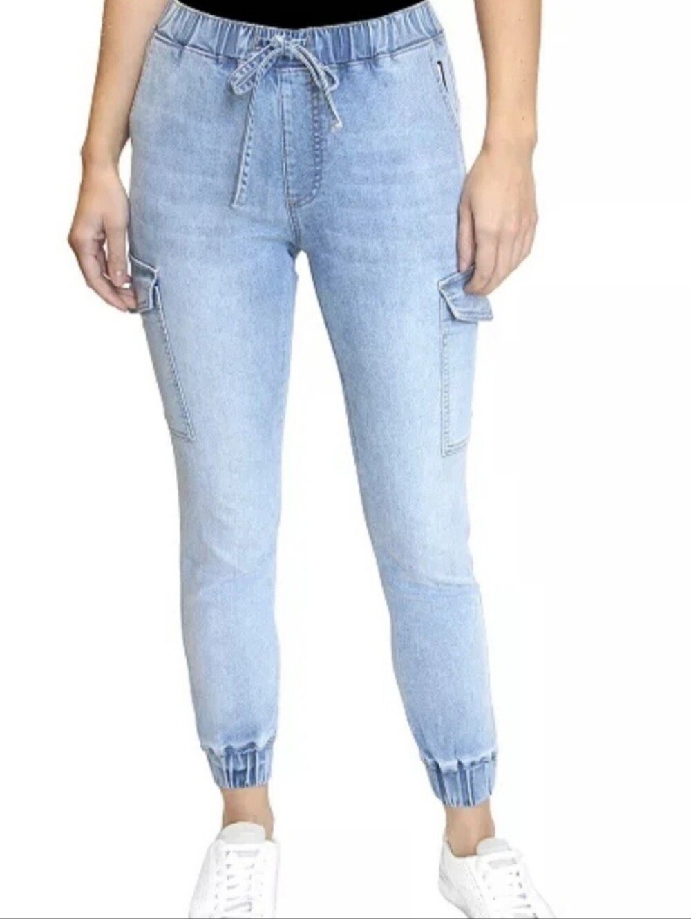 Almost Famous Women's Cargo Jogger Elastic Cuff Denim Jeans Size Medium